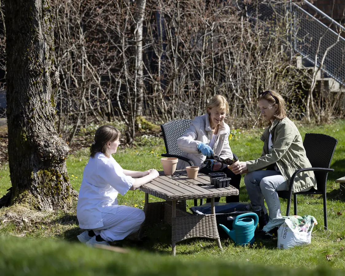 Tre kvinner sitter ved et hagebord og planter blomster. Den ene kvinnen er sykepleier