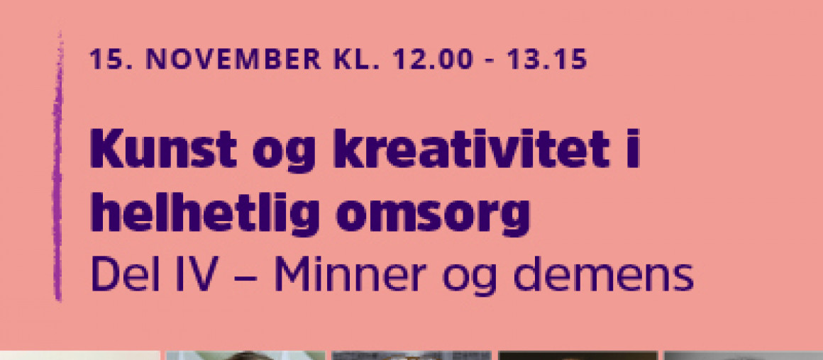 banner, informasjon og bilde av fem personer, fire smilende damer og smilende mann