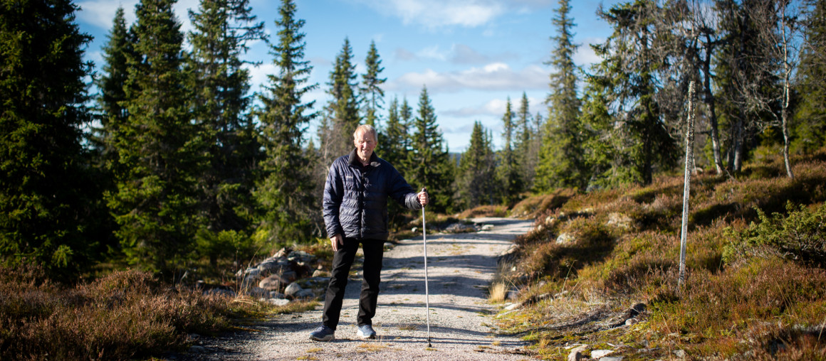 eldre mann med stokk i skogen